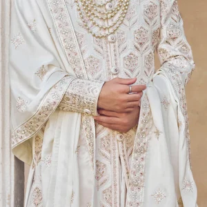 Off White Raw Silk Sherwani with Resham and Zardosi Work
