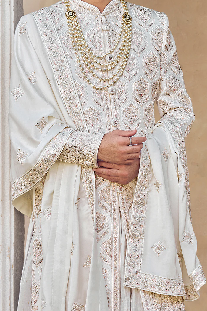 Off White Raw Silk Sherwani with Resham and Zardosi Work - Image 2