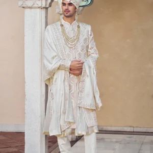 Off White Raw Silk Sherwani with Resham and Zardosi Work