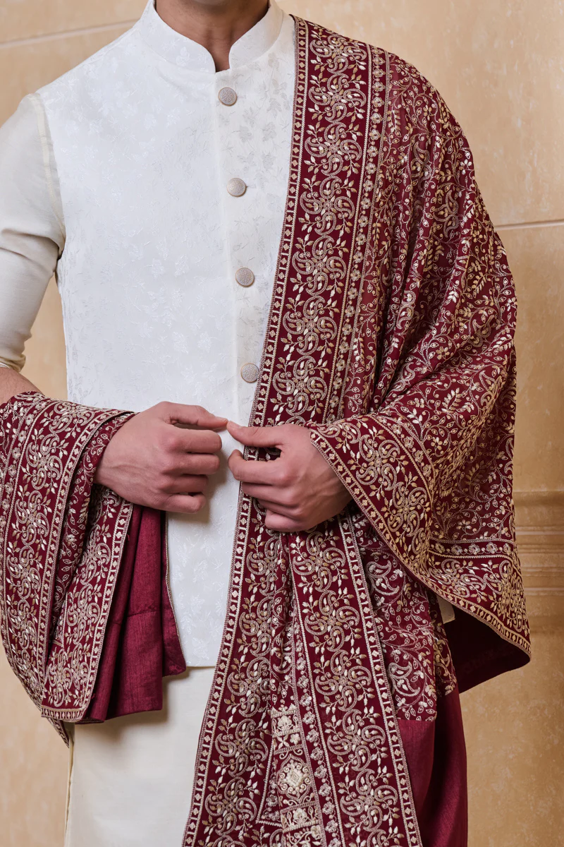 Maroon Georgette Embroidered Stole - Image 2