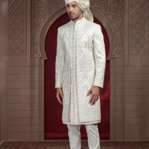Off White Raw Silk Sherwani with Aari, Thread & Pearl Work