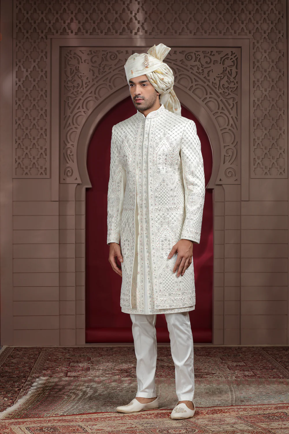 Off White Raw Silk Sherwani with Aari, Thread & Pearl Work - Image 2