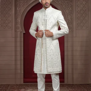 Off White Raw Silk Sherwani with Aari, Thread & Pearl Work