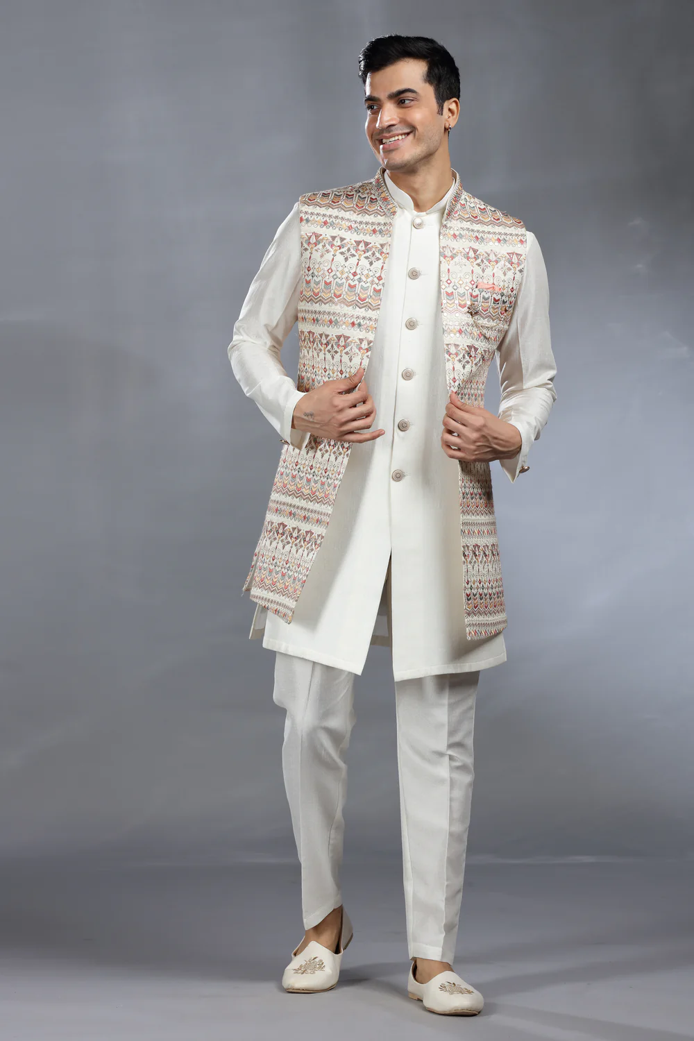 Ivory Silk Jacket Set with Thread, Aari & Sequence Work - Image 2